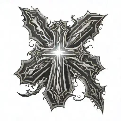 A realistic black and grey tattoo of a cross with a glowing light shining from it, symbolizing hope and guidance tattoo design idea