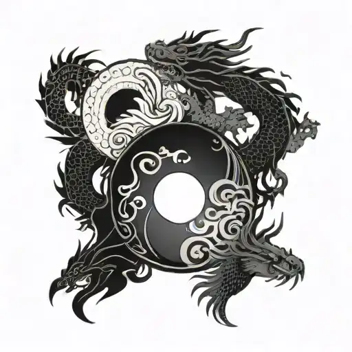 yin yang symbol with dragons and the sun and moon. tattoo design idea