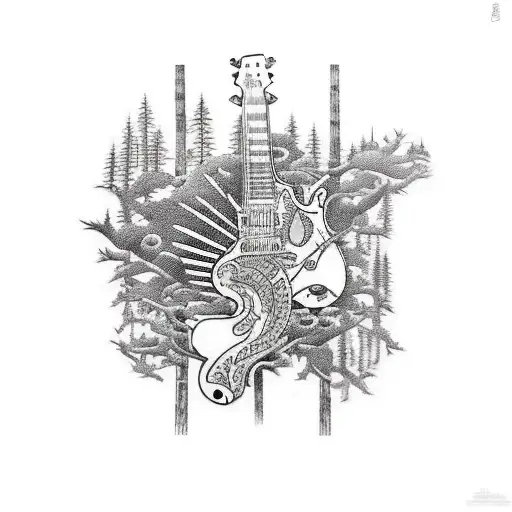 guitar made of a forest with birds tattoo design idea