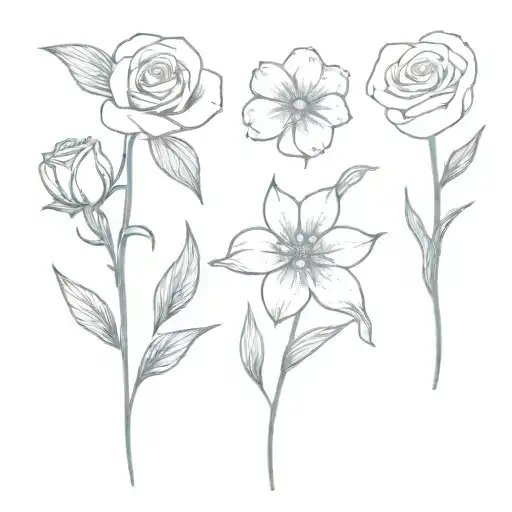 2 daisies, 1 rose, 1 lily of the valley intertwined tattoo design idea
