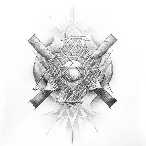 Unbalanced scales above a cell, bars morphing into a cross with a ray of light tattoo design idea