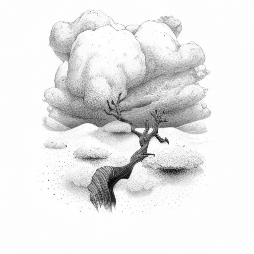 Parched desert landscape looking up to a single ominous cloud hinting at potential rain. tattoo design idea