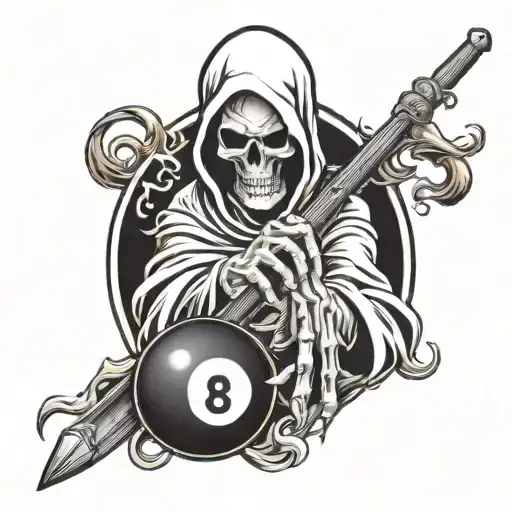 hand tattoo of grim reaper holding 8 ball on fire flames tattoo design idea