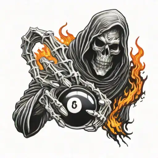 hand tattoo of grim reaper holding 8 ball on fire flames tattoo design idea