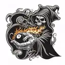 hand tattoo of grim reaper holding 8 ball on fire flames tattoo design idea