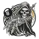 hand tattoo of grim reaper holding 8 ball on fire flames tattoo design idea