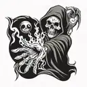 hand tattoo of grim reaper holding 8 ball on fire flames tattoo design idea