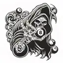 hand tattoo of grim reaper holding 8 ball on fire flames tattoo design idea