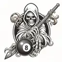 hand tattoo of grim reaper holding 8 ball on fire flames tattoo design idea