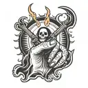hand tattoo of grim reaper holding 8 ball on fire flames tattoo design idea