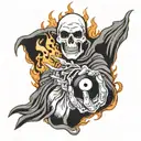 hand tattoo of grim reaper holding 8 ball on fire flames tattoo design idea
