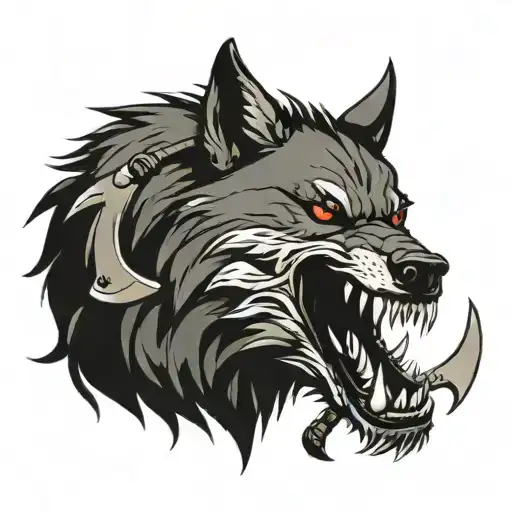 wolf head showing teeth with two battle axes crossing  tattoo design idea