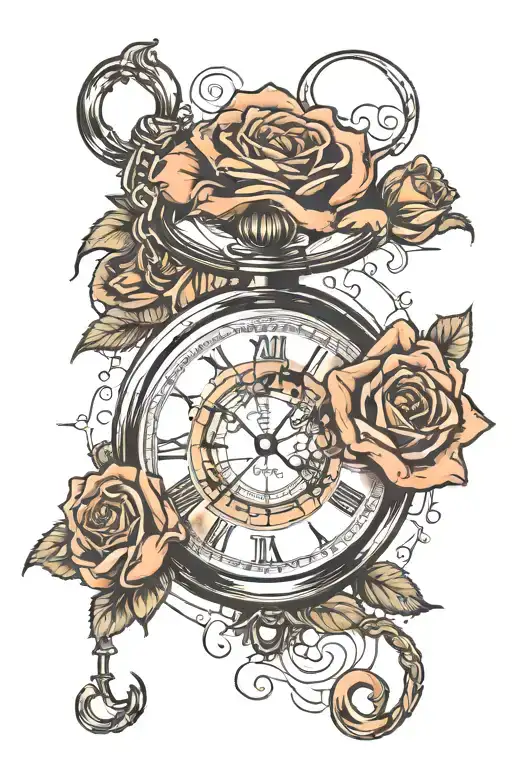 design a pocket watch with the time 4:21 and roses emitting from the side of it tattoo design idea