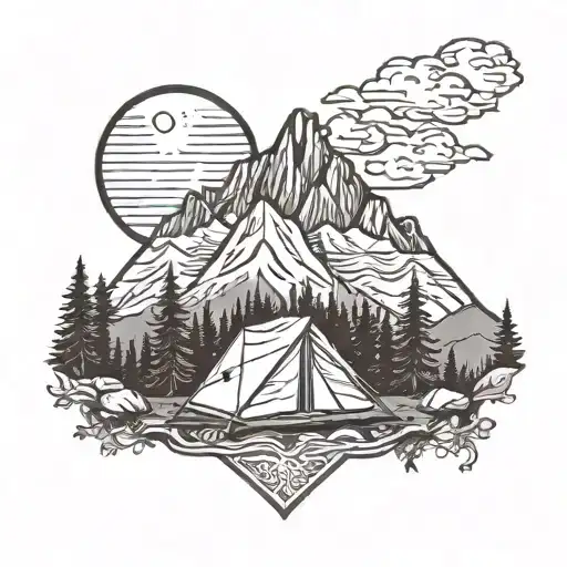 A detailed mountain landscape tattoo with the Idaho state outline and a tent, reflecting a love for camping and nature in the Gem State tattoo design idea