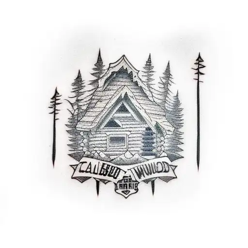 cabin in woods tattoo design idea