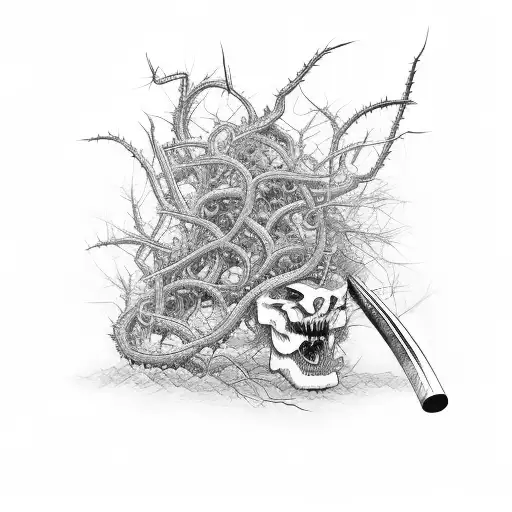 A baseball bat wrapped in thorny vines with a samurai helmet on top tattoo design idea