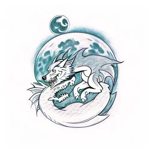 A wolf fighting a dragon under the moon at night infront of a forest tattoo design idea