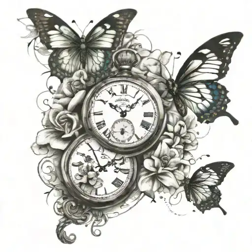 pocket watch broken and healed , flowers intertwined, butterflies, rising and falling from the dead  tattoo design idea