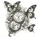 pocket watch broken and healed , flowers intertwined, butterflies, rising and falling from the dead  tattoo design idea