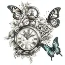 pocket watch broken and healed , flowers intertwined, butterflies, rising and falling from the dead  tattoo design idea