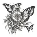 pocket watch broken and healed , flowers intertwined, butterflies, rising and falling from the dead  tattoo design idea