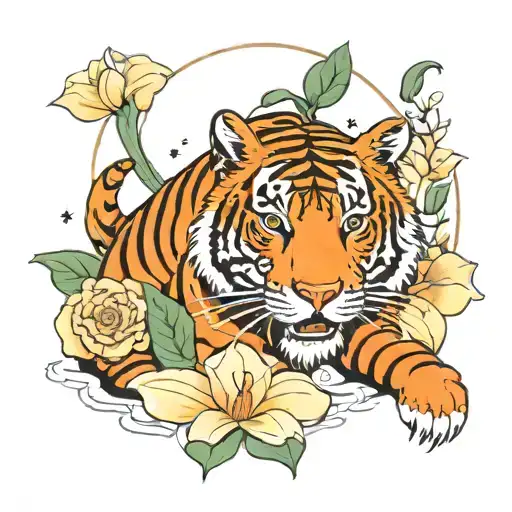 A cosmic tiger surrounded by blooming Japanese rose and calla lilies in a space-themed tattoo tattoo design idea