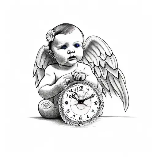 Baby angel miscarriage tattoos with clock and flowers tattoo design idea