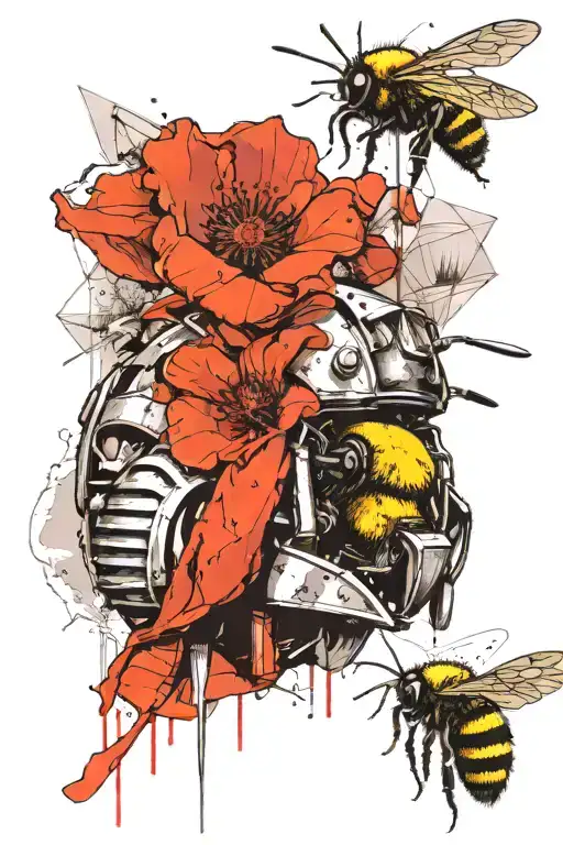 construction drawing, bumblebee, construction helmet, poppy, graphic, realistic tattoo design idea