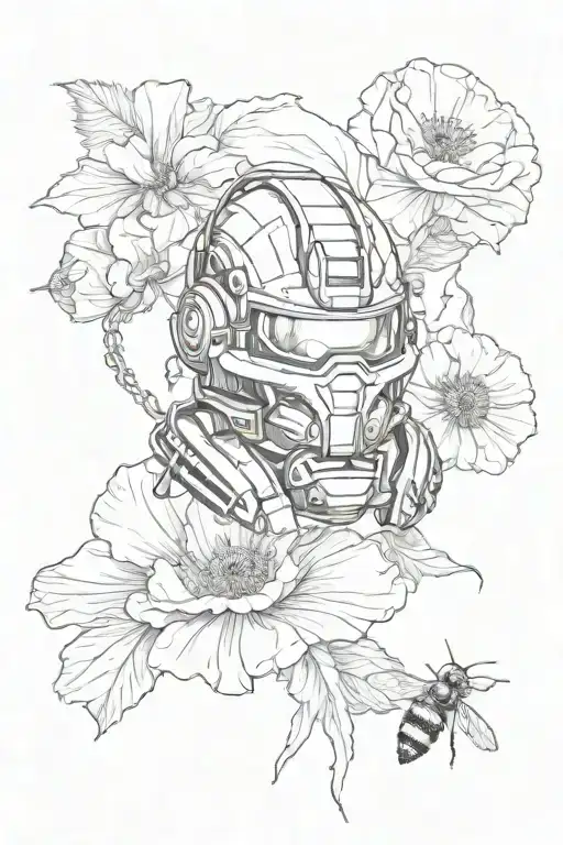 construction drawing, bumblebee, construction helmet, poppy, graphic, realistic, everything shown individually and provided with dimensional chains tattoo design idea