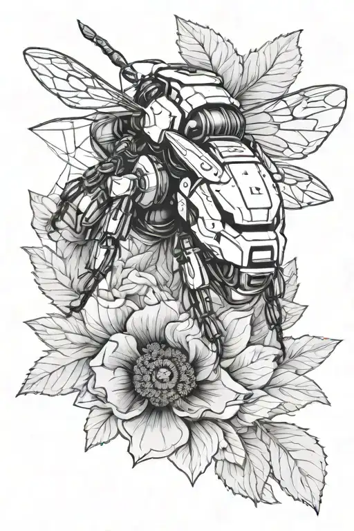 construction drawing, bumblebee, construction helmet, poppy, graphic, realistic tattoo design idea