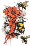 construction drawing, bumblebee, construction helmet, poppy, graphic, realistic tattoo design idea