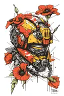 construction drawing, bumblebee, construction helmet, poppy, graphic, realistic tattoo design idea