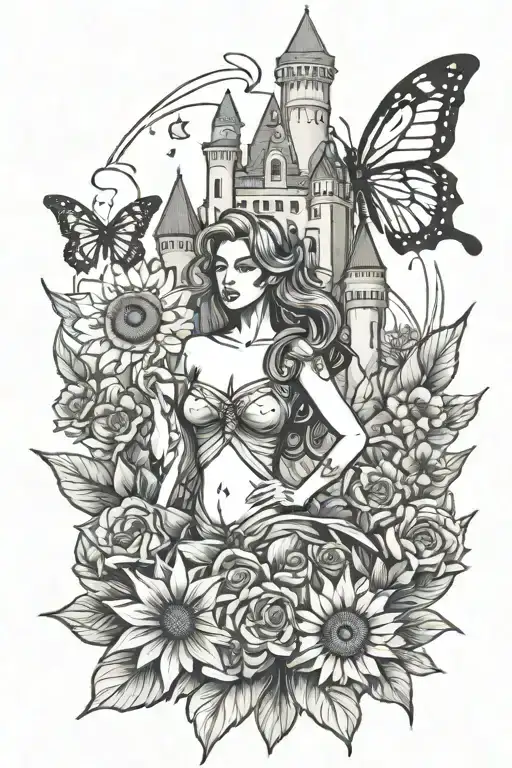 Castle, Siren holding a trident San Diego, butterfly, sunflower, feather,  tattoo design idea