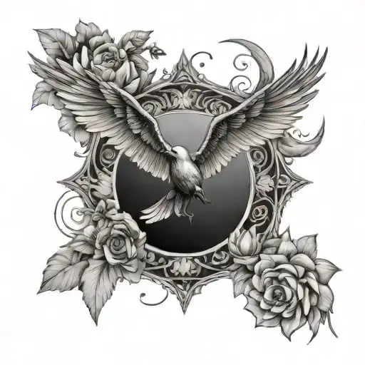 icarus sun clouds bird and flowers . fill the square tattoo design idea