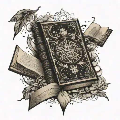 An intricate tattoo design of a mystical book surrounded by tarot cards and magical symbols, representing the client's passion for books, tarot, and witchcraft tattoo design idea