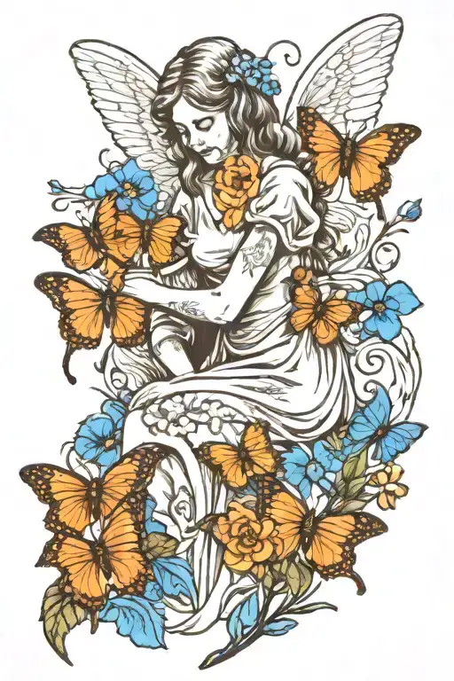 rip angel grandma figure hugging teen girl sitting with butterflies blue flower lillie's and 06-05-1942 to 06-14-2024  tattoo design idea