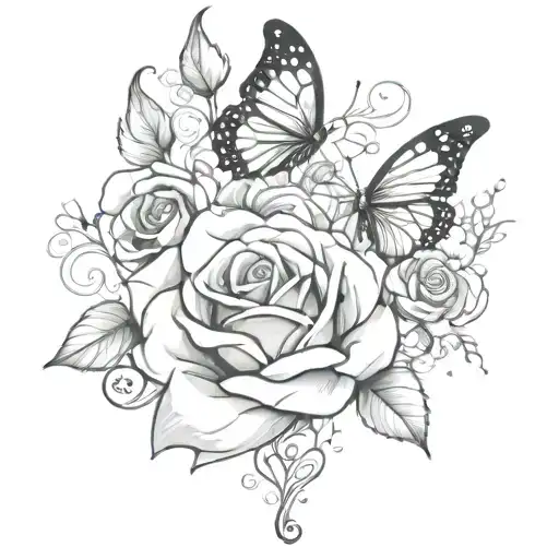 butterfly rose music notes floating tattoo design idea