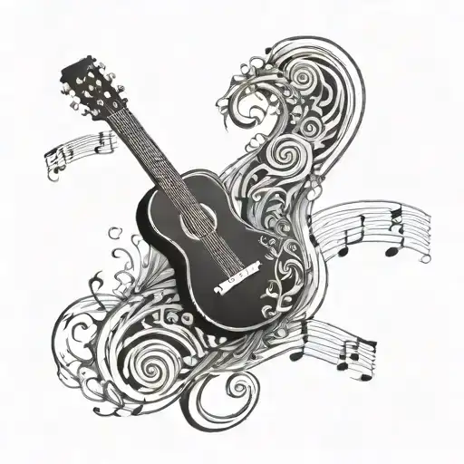 A guitar morphing into a coffin, with music notes swirling around it tattoo design idea