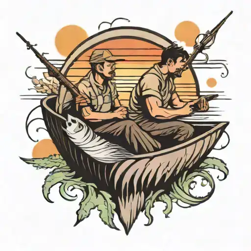 father and son fishing in a open scallop shell with the top of the open shell being a sunset tattoo design idea