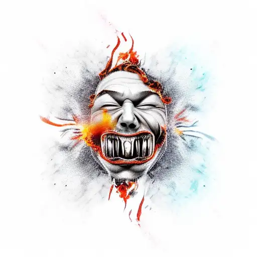 Gore screaming face fire background tattoo design idea