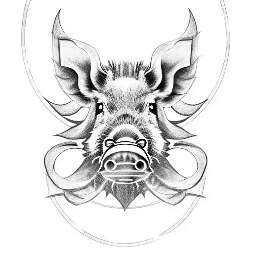 boar tattoo with nose ring and Roman numerals for 2019 tattoo design idea