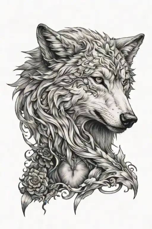 malenia from elden ring with a wolf in the background tattoo design idea
