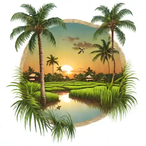 rice fields sunset scene coconut trees inside tattoo design idea