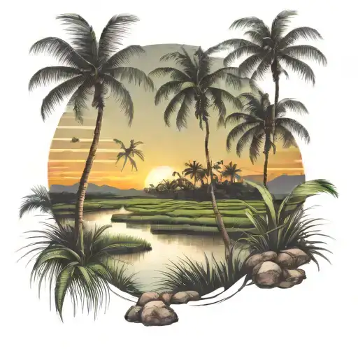 rice fields sunset scene coconut trees inside tattoo design idea