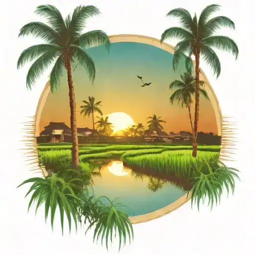rice fields sunset scene coconut trees inside tattoo design idea