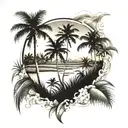 rice fields sunset scene coconut trees inside tattoo design idea