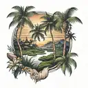 rice fields sunset scene coconut trees inside tattoo design idea