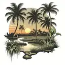 rice fields sunset scene coconut trees inside tattoo design idea
