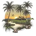 rice fields sunset scene coconut trees inside tattoo design idea