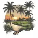rice fields sunset scene coconut trees inside tattoo design idea